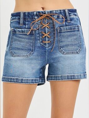 🩵Hello Gorgeous! RISEN High Rise Front Tie Up Shorts with Patch Pockets